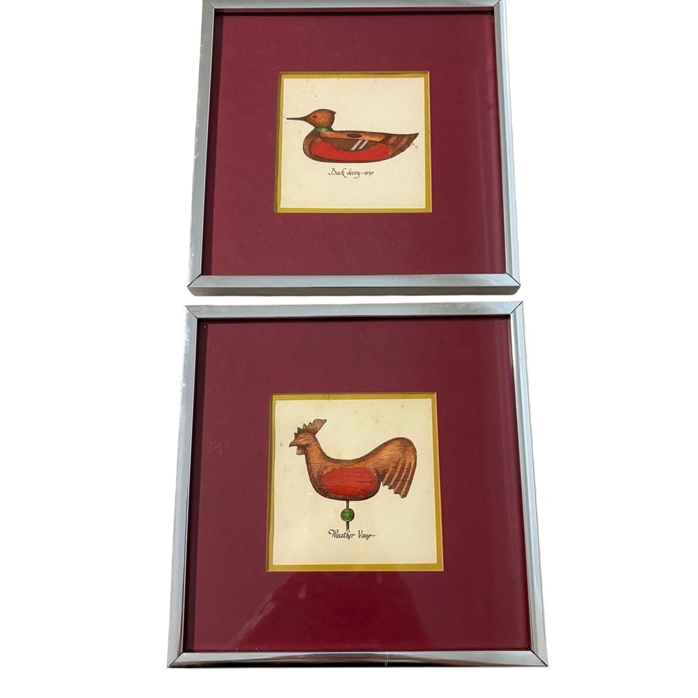 VTG Folk Art Framed Prints Set Duck Decoy & Rooster Weather Vane Burgundy 8x8
